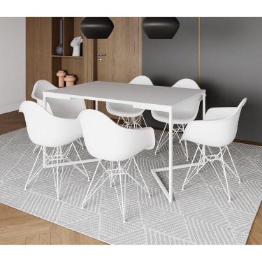 Imagem de Mesa Industrial Jantar Branca 137x90cm Base V com 6 Poltronas Eames Eiffel Brancas Ferro Branco