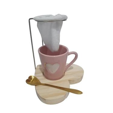 Imagem de Kit Caneca Xícara Mini Coador Café Individual Reutilizável (Rosa Coração)