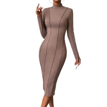 Imagem de Camisa Feminina Top-stitching Mock Neck Bodycon Dress (Color : Coffee Brown, Size : L)
