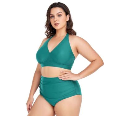 Imagem de Biquíni feminino plus size, cintura alta, conjunto de biquíni de duas peças, frente única, franzido, Verde-azulado, G Plus Size