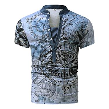 Imagem de ZHONKUI 2024 Camisetas masculinas gola V estampa náutica manga curta slim fit Henleycollar Tops, Azul, M