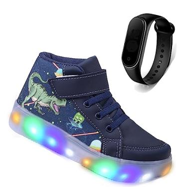 Imagem de Tenis Botinha Masculino De Led Infantil Dinossauro Personagem DIversão Luzinha + Relogio Cor:Azul; Tamanho:33