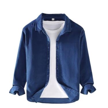 Imagem de Camisa masculina de veludo cotelê primavera outono cor sólida gola virada para baixo camisa masculina manga longa algodão solto, Azul royal, PP