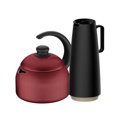 Imagem de Chaleira Alumínio Paris 1,9l Antiaderente Vermelha Com Bule Garrafa Térmica 1l Preto Tramontina