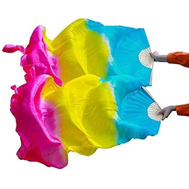 Imagem de Nimiman 1 par feminino (esquerda + direita) de seda para fãs de dança do ventre véu de dança do ventre leques dobráveis longos comprimento 180 cm largura 90 cm (rosa amarelo turquesa)