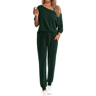 Imagem de Zenlonr Roupas femininas de verão 2 peças 2024 ombros de fora manga curta tops cintura elástica cordão calça longa agasalho, Verde escuro, X-Large