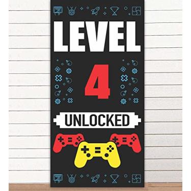 Imagem de Nível 4º Desbloqueado Feliz 4º Aniversário Level Up Banner Pano de Fundo Foto Adereços Vídeo Games Gamepad Tema Decoração para Meninos Meninas 4º Aniversário Lembranças Suprimentos Decorações