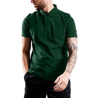 Imagem de Uni Clau Camisa polo masculina de manga curta de algodão piquê leve casual stretch Golf, Verde, XXG