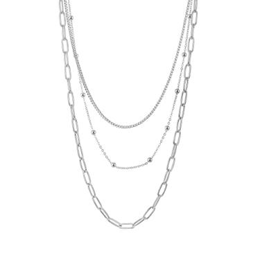 Imagem de Loqimu Colar de corrente de ouro de três camadas de aço inoxidável com clipe de papel para mulheres, adolescentes, meninas, corrente de miçangas, gargantilha de clavícula, colar boêmio, joia para