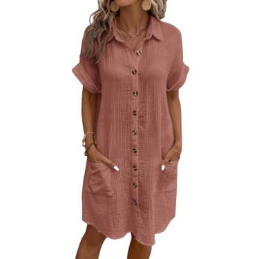 Imagem de URLOUS Vestido feminino verão algodão casual manga curta abotoado blusa túnica camisa vestido médio com bolsos, Carmim, G