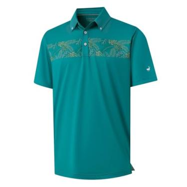 Imagem de Rouen Camisas de golfe masculinas de secagem rápida, absorção de umidade, estampa atlética no peito, casual, manga curta, camisas polo masculinas, Turquesa, G