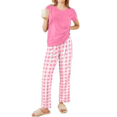 Imagem de Ekouaer Conjunto de pijama feminino, 2 peças, macio, manga curta, pijama feminino, Xadrez rosa e branco, GG