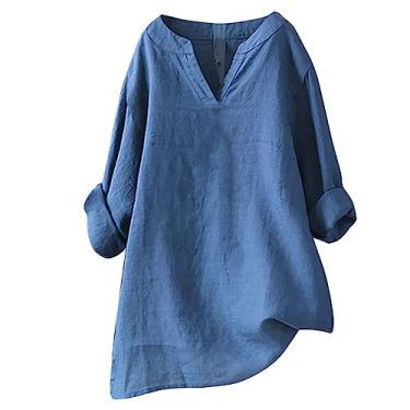 Imagem de Camisas de linho grandes para mulheres, casuais, soltas, gola V, gola V, túnica, confortável, básica, abotoada, blusas de manga comprida, Z03 - azul, 4G