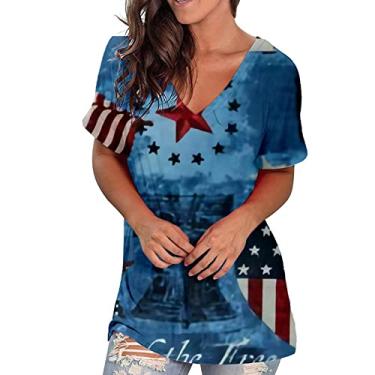 Imagem de Camisetas femininas 4 de julho bandeira americana listras estrelas rosas camisetas patrióticas manga curta túnica solta, Azul marino, M