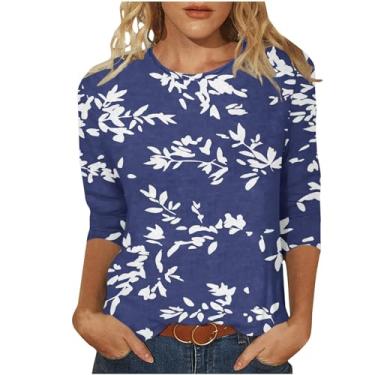 Imagem de Camiseta feminina de manga 3/4 com estampa de flores, gola redonda, casual, elegante, caimento solto, confortável, Azul, G