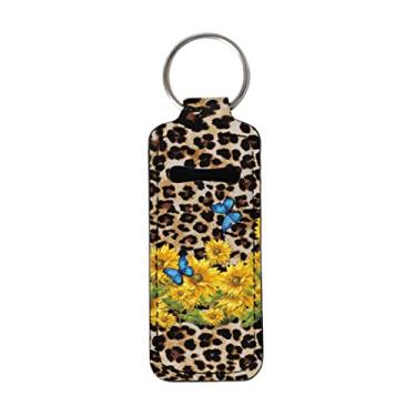 Imagem de GOSTONG Bonito suporte labial pêssego chaveiro manga de clipe bolso bolso batom bálsamo labial coldre rastreador de batom salvaguarda, Estampa de girassol e leopardo, tamanho �nico