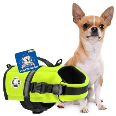 Imagem de Paws Aboard Colete salva-vidas para cães – colete de natação para cães, ajustável, reflexivo, confortável, várias cores, estampas, colete de natação para cães PP a extra grande com alça (amarelo neon