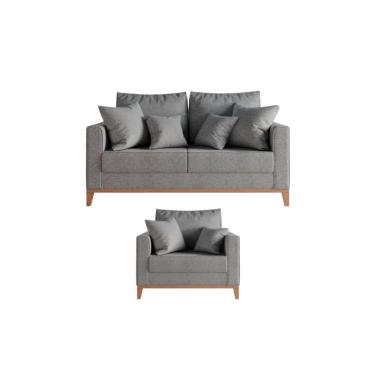 Imagem de Kit Sofá e Poltrona Decorativo Beni 1,60cm Beni Base Madeira Linho Cinza - Montanaris Decor