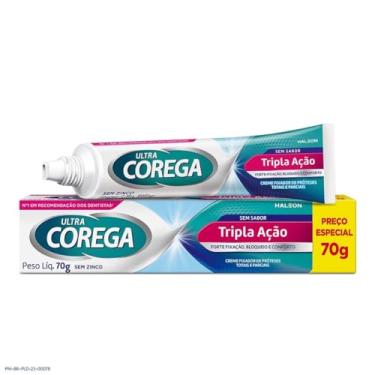 Imagem de Corega Ultra Creme Fixador de Dentadura e Próteses Tripla Ação, Forte Fixação por até 12h, Sem Sabor, 70g