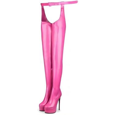 Imagem de Emfnzd Bota feminina sexy na altura da coxa com salto de cinto acima do joelho plataforma preta rosa bota longa unissex bico arredondado sapatos femininos plus size, rosa, 37