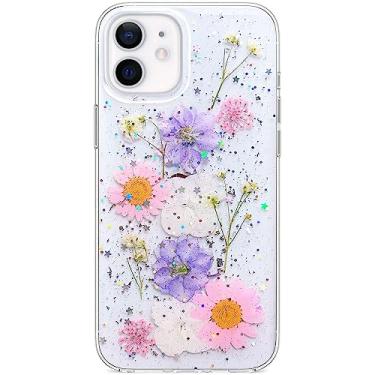 Imagem de Abbery Capa de flores prensadas para iPhone 12/12 Pro de 6,1 polegadas, linda capa brilhante brilhante com design de borracha TPU de silicone macio seca verdadeira floral estética para mulheres e meninas (flor com glitter)