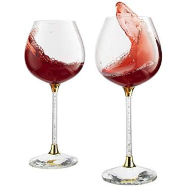 Imagem de The Wine Savant Conjunto de 2 taças de vinho de cristal com haste preenchida com diamante com base de diamante cortada a laser grande, 510 g