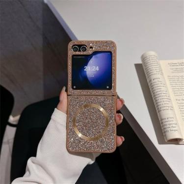 Imagem de Bling diamante caso para samsung z flip 5 4 3 zflip5 flip3 magnético de carregamento sem fio brilhante capa fina, ouro, para samsung zflip6
