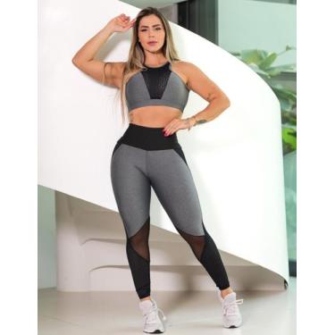 Imagem de Conjunto Feminino Fitness Cropped com Bojo e Calça com Tela de Poliami