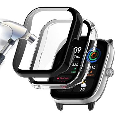Imagem de Acadeny Pacote com 2 capas com protetor de tela de vidro temperado compatível com Amazfit GTS 4 Mini, dureza 9H, capa protetora completa de 360°, capa protetora ultrafina para PC, preta + transparente