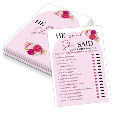 Imagem de Jogo floral rosa He Said She Said para 30 convidados com cartas de jogo, jogo de chá de panela floral rosa choque, decorações modernas de chá de panela, chá de casamento ou suprimentos de despedida de