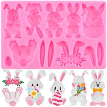 Imagem de YIHUOMOLDS Molde de silicone de coelho de ovo de páscoa moldes de fondant de flores de coelho para decoração de bolos, cobertura de cupcake, pasta de chiclete de chocolate e argila de polímero