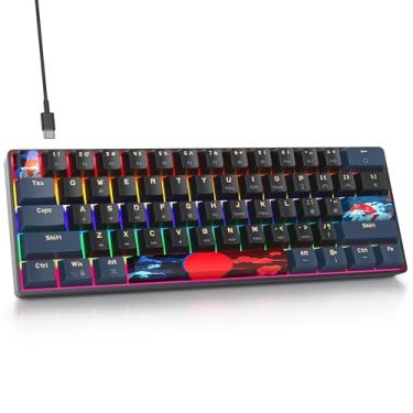 Imagem de surmen 60% teclado para jogos, 60%, mini teclado mecânico com fio com interruptores vermelhos silenciosos, teclas PBT para PC Gamer Typist (azul Samurai B/Rainbow Led)