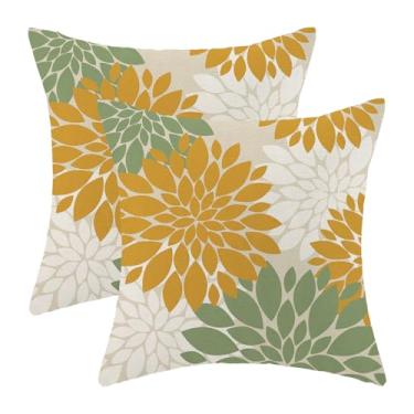 Imagem de Capas de almofada verde sálvia amarela mostarda 45,7 x 45,7 cm conjunto de 2 almofadas decorativas brancas dália floral verão geometria moderna flores decorativas ao ar livre capas de almofada para