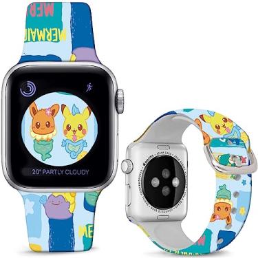 Imagem de Sjiangqiao Compatível com pulseira de relógio Apple Pikacu Mermaid Fish de 49 mm/46 mm/45 mm/44 mm/42 mm (série 3 2 1) compatível com iWatch Series SE 10, 9, 8, 7, 6, 5, 4, 3, 2 e 1, crianças, homens