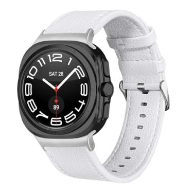 Imagem de Pulseira de couro compatível com Samsung Galaxy Watch 7 Ultra de 47 mm, pulseira casual de couro ajustável de substituição para Samsung Galaxy Watch 7 de 47 mm, feminino e masculino (branca)