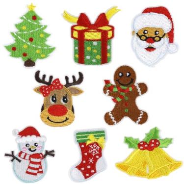 Imagem de 8 peças de remendos costurados de Natal com rena bordada em ferro no remendo Papai Noel árvore boneco de neve design de sino aplique para roupas de inverno chapéu jeans acessórios DIY