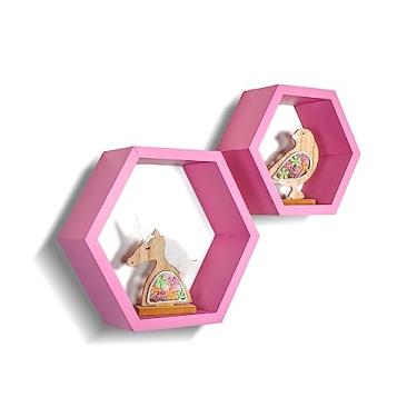 Imagem de Prateleiras hexagonais de favo de mel conjunto de 2 - madeira de pinho quartzo rosa armazenamento montado na parede para sala de estar, cozinha - durável, elegante e versátil