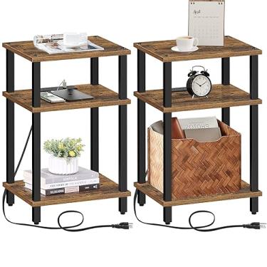 Imagem de TUTOTAK Conjunto de 2 mesas de canto com estação de carregamento, mesa lateral com portas USB e tomadas, mesa de cabeceira, prateleira de armazenamento de 3 níveis, mesa de sofá para espaço pequeno