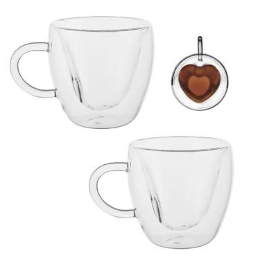 Imagem de Jogo 2 Xicaras De Vidro Duplo Parede Dupla Coração 80ml Para Café - Fu