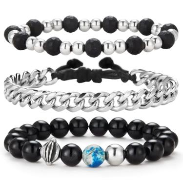 Imagem de Dazylleco 3 peças pulseiras masculinas com contas prata aço inoxidável conjunto de pulseiras trançadas feitas à mão joias presentes para homens, 7-10 in, Pedra, Olho de tigre