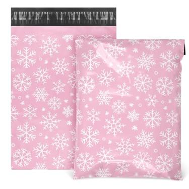 Imagem de AnyDesign 100 peças de envelopes de poliéster de Natal, floco de neve rosa, autoadesivos, à prova d'água, para Natal, inverno, férias, sacos de embalagem de plástico para envio de documentos de correspondência, roupas, presentes