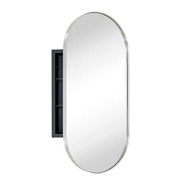 Imagem de EGHOME Armário de medicamentos de banheiro embutido oval de níquel escovado com espelho de aço inoxidável emoldurado em metal oblongo armário de banheiro em forma de pílula com espelho 40,6 x 83 cm