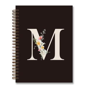 Imagem de foedor Caderno espiral de capa dura personalizado moderno, caderno preto com letra M, presentes com monograma para mulheres adolescentes, caderno espiral de capa dura pautado para faculdade, 14 x 21