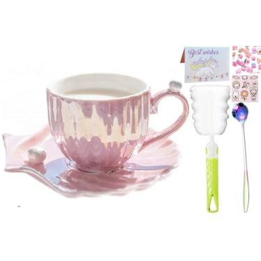 Imagem de seelucky Caneca de café de cerâmica com concha de pérola, conjunto de porta-copos para chá, latte, leite, xícara fofa com pires para presente feminino de escritório em casa 185 g (rosa concha, 240 ml)
