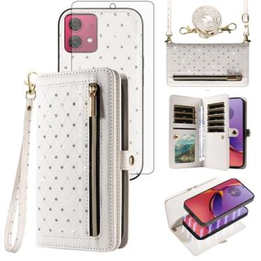 Imagem de Asuwish Capa de celular para Motorola Moto G84 5G carteira com zíper destacável capa magnética com protetor de tela de vidro temperado alça transversal flip bling suporte para cartão de crédito G 84