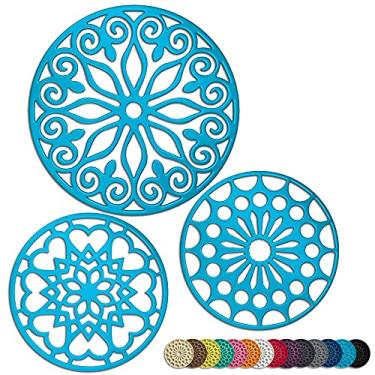 Imagem de Tapetes de silicone para trivet | Suportes para panelas quentes | Conjunto de 3 | Inclui 1 tripé extra grande e 2 grandes | Design artístico | Resistente ao calor redondo antiderrapante flexível e durável para lava-louças, Azul
