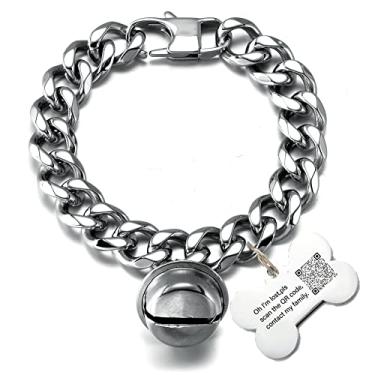 Imagem de Coleira branca personalizada para cães, gatinho, filhote, de aço inoxidável, gargantilha ajustável, à prova de mastigação, elos cubanos, corrente de 1,27 cm com etiqueta de osso dourada, etiqueta de