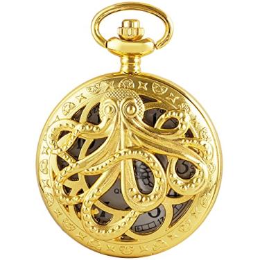 Imagem de Dentily Relógio de bolso vintage polvo de quartzo oco Steampunk preto com colar corrente presente para crianças, Dourado