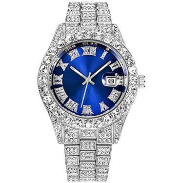Imagem de Relógio de pulso masculino Hip Hop com diamantes e strass de cristal, relógio dourado e prata de aço inoxidável brilhante para homens, Prateado, azul,