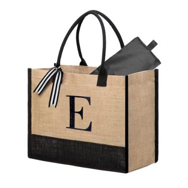 Imagem de BeeGreen Sacola com monograma bordado com inicial para mulheres, professora, mãe, amiga, presente personalizado para aniversário, praia, trabalho, casamento, Preto e marrom, Large, E